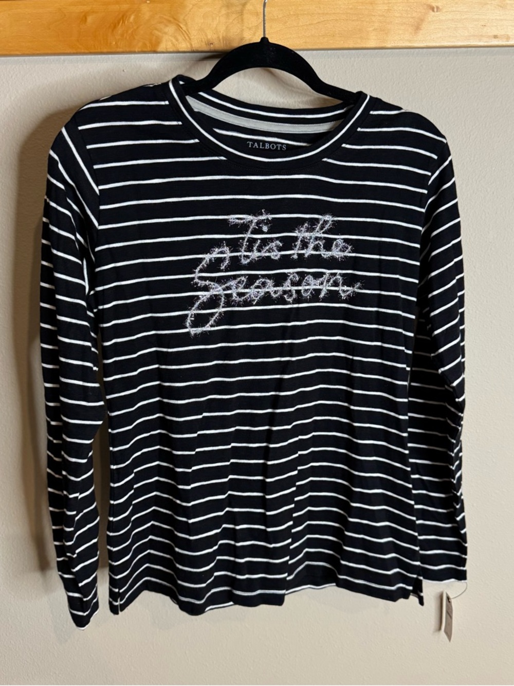 NWT Talbots Black & White Striped 'Tis The Season Long Sleeve Tee